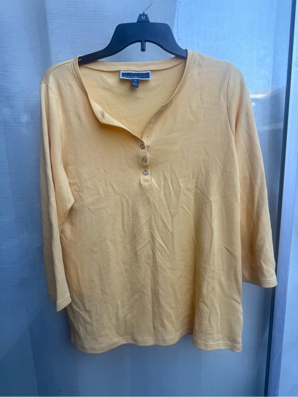 Karen Scott Mustard Yellow Henley Three-Quarter Sleeve Top